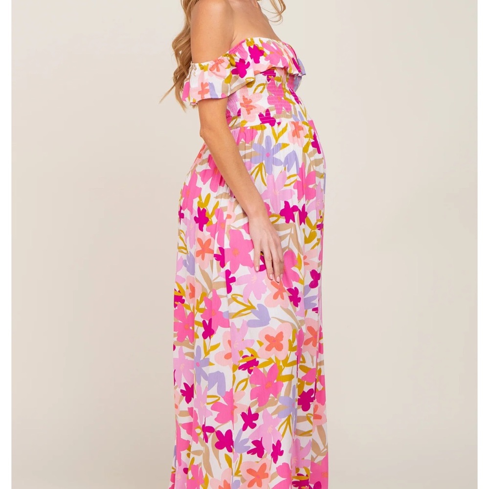 Fuchsia Floral Strapless Smocked Off-Shoulder Maternity Maxi Dress
